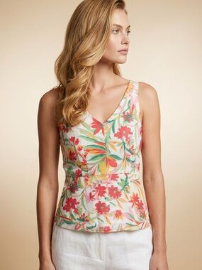 J. Crew Floral V-Neck Tank in White with Pink, Green & Yellow Print